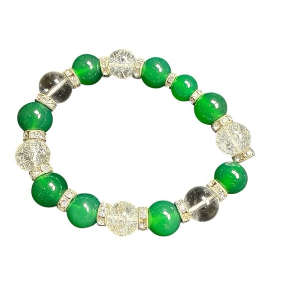 The Unbranded Brand Jewelry - Vintage Green & Clear Bead Stretch Bracelet with Rhinestone Spacers Retro